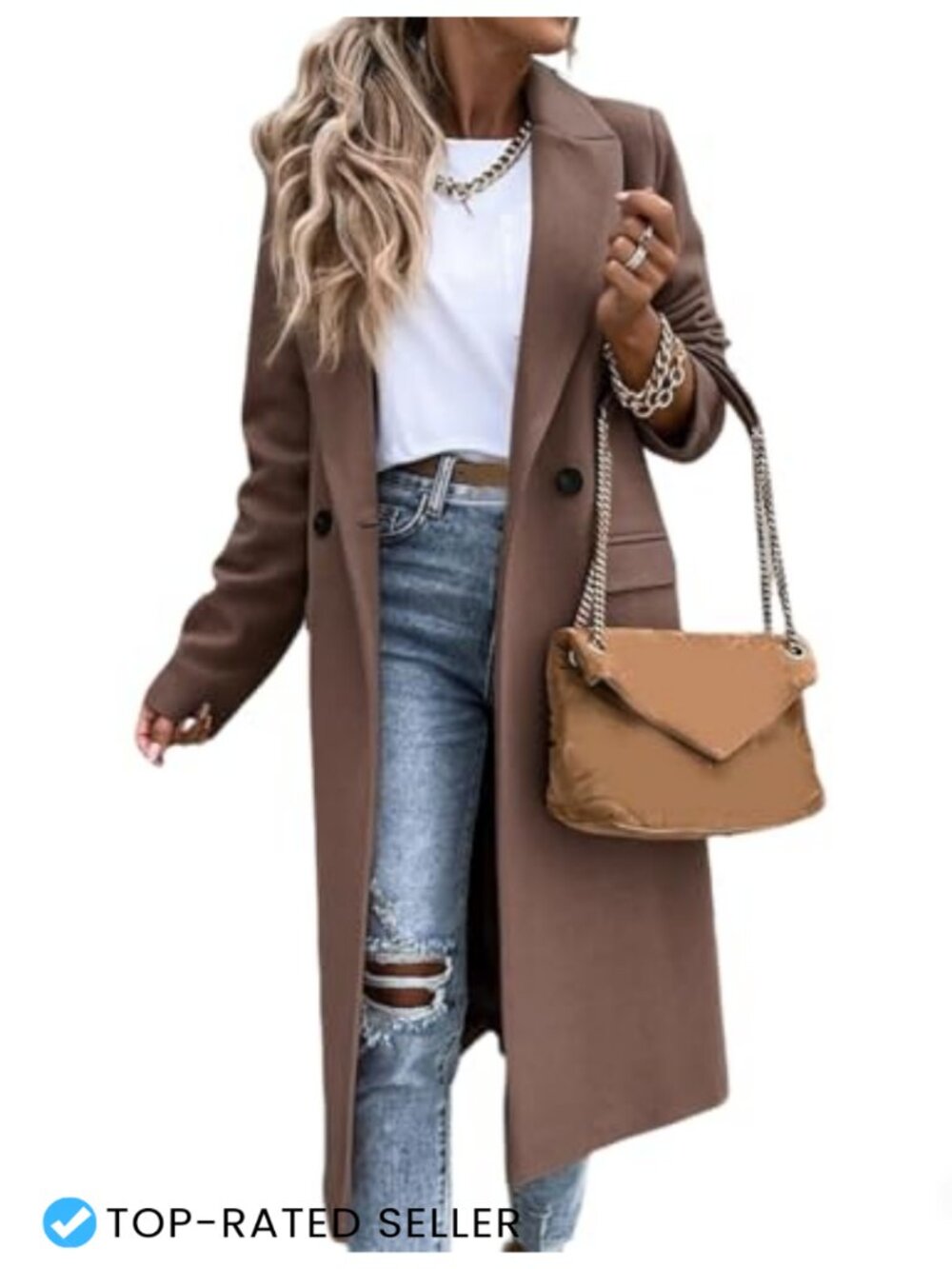 Womens Long Wool Blend Pea Coat Button Front Notch Lapel Winter